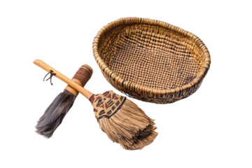 Handwoven basket and traditional brush displayed together, showcasing craftsmanship and cultural heritage. Perfect for representing artisanal skills.