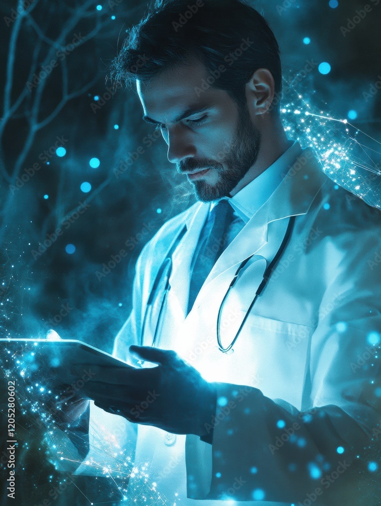 Poster medical professional analyzes data using a digital tablet in a futuristic environment with glowing e