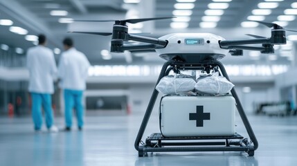 Drone delivering medical supplies hospital technology showcase indoor facility close-up view innovative healthcare solutions
