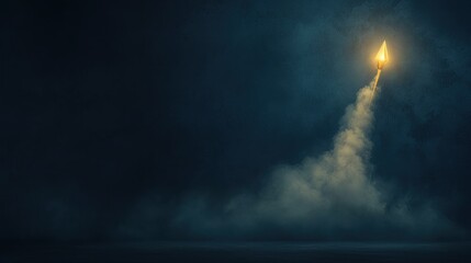 Fototapeta premium A rocket launches into the dark sky, emitting bright flames and smoke.