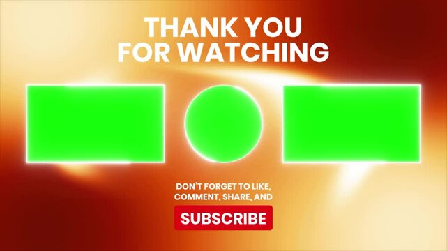 Animated end screen for YouTube or social media.  Features Thank You for Watching, subscribe button, and three green screen placeholders.  Easy to customize.