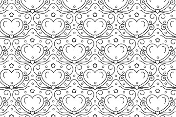 Hearts Swirling seamless pattern, black and white curly love scroll repeating wrapping paper, valentines Day Elegant seamless background, abstract curve outline heart swirls texture
