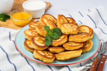 Cornmeal pancakes. Delicious golden pancakes for breakfast. Horizontal.