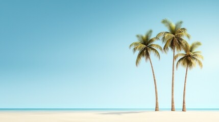 Fototapeta premium A serene beach scene featuring three palm trees against a clear blue sky.