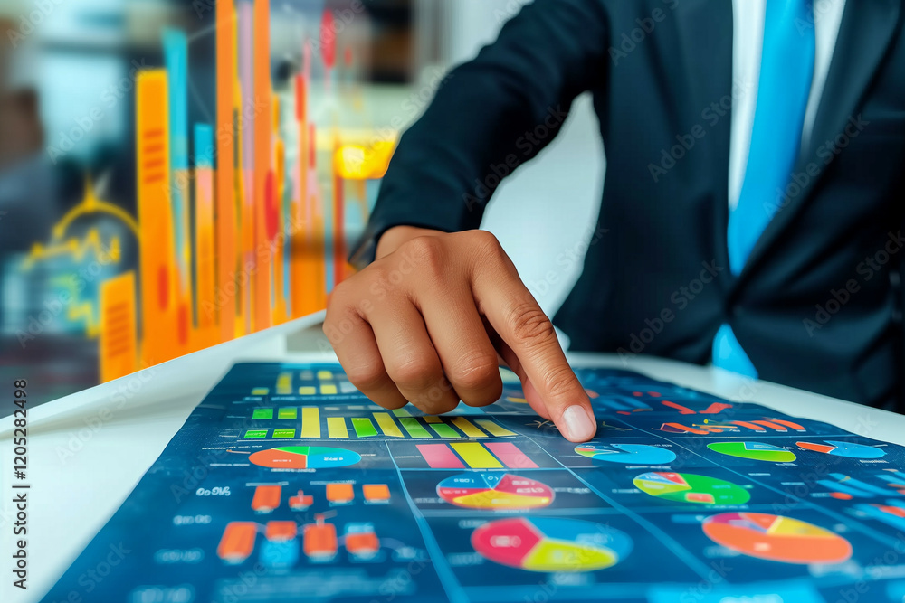 Poster businessman analyzing financial data charts on touchscreen interface in modern office setting