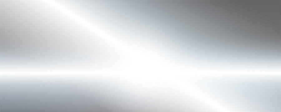 Silver foil background with metal mirror texture. Chrome gradient surface with light gloss. Vector aluminum grey sheet with reflection. Platinum and titanium abstract cold bg.
