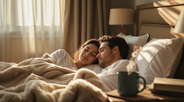 Couple snuggling in bed under a warm blanket, enjoying a cozy morning glow