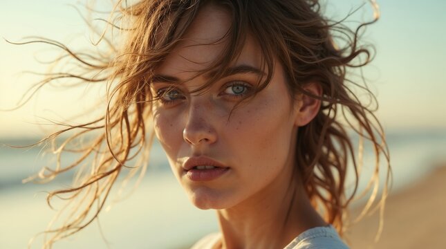 Close-up of a woman with wind-blown hair and captivating eyes at a beach during sunset