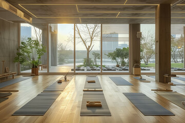 Fototapeta premium Spacious and Serene Yoga Studio with Modern Design and Large Windows Overlooking a Peaceful Garden