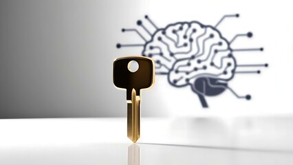 A gold metallic key with brain circuit board on grey gradient background, closeup and selective focus. Key of success, unlock, discovery, opportunity concept