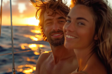 The image portrays a romantic moment between a couple enjoying a sunset while sailing, their happiness illuminated by the golden light