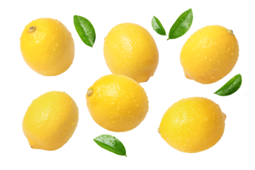 Collection of yellow lemon with water drops isolated on white