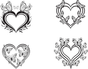 Elegant Heart Designs with Butterfly Accents - Black and White Vector Art