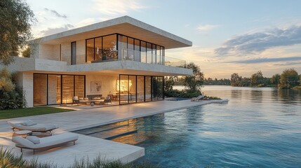 Obraz premium Modern lakeside villa with large glass windows reflecting sunset, surrounded by serene nature