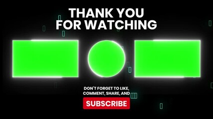 Animated end screen for YouTube or social media. Features customizable green screen areas and a Subscribe button. Clean, modern design.
