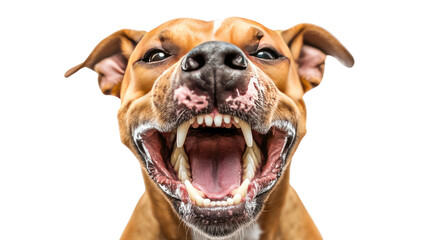 Playful Canine Grin: A close-up portrait of a brown and white pit bull terrier with a wide, toothy grin, capturing the playful and affectionate nature of this popular breed. 