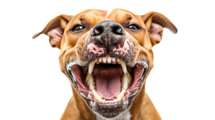 Playful Canine Grin: A close-up portrait of a brown and white pit bull terrier with a wide, toothy grin, capturing the playful and affectionate nature of this popular breed. 