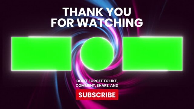 Animated end screen for YouTube or social media videos. Features vibrant design, customizable green screen placeholders, and call to action. Perfect for adding a professional touch to your content. - Powered by Adobe