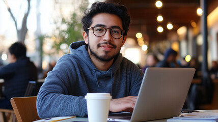 Hispanic man working on laptop