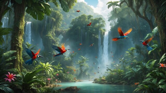 Tropical Rainforest Scene with Lush Flora, Waterfall in the Background, and Exotic Birds Flying Over the Lake - International Day of Forests"