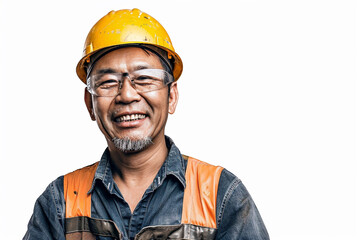 Smiling Asian Construction Worker in Safety Gear on White Background