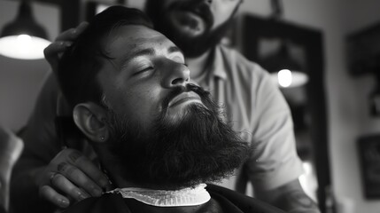 Confident man getting his beard trimmed at the barbershop.