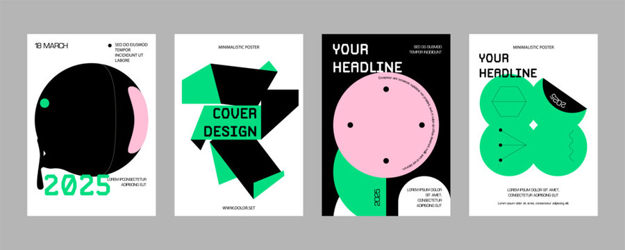 Posters with silhouette minimalistic basic figures, extraordinary graphic assets of geometrical shapes swiss style.	
