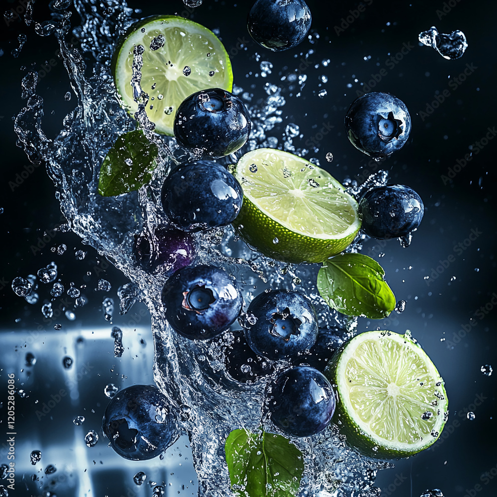 Poster fresh blueberries and lime slices splash in water creating a refreshing and vibrant atmosphere