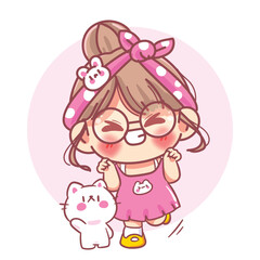 Cute girl acting cheerful and happy with a little cat beside her cartoon character