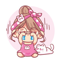 Cute girl sitting and crying with a little cat lying beside her cartoon character
