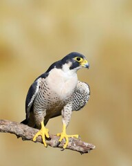 Young peregrine falcon, bird of prey, perched, tree branch, grey feathers, white feathers, spots,...