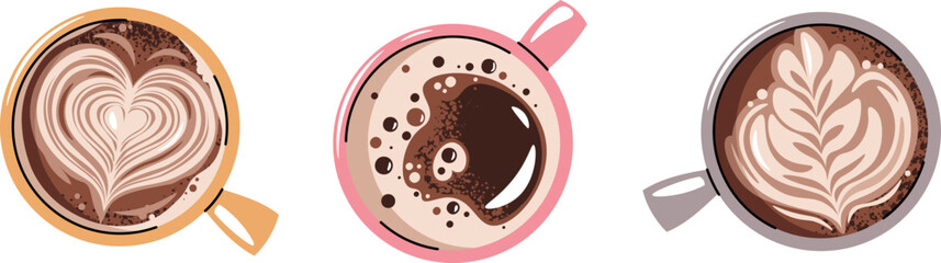 Set of coffee cups, top view. Latte, cappuccino, americano. Hot coffee drink with pattern in mug. Flat cartoon illustration on white background