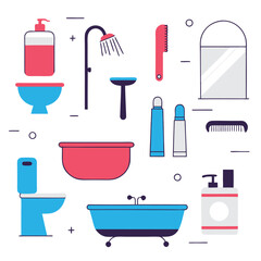 Minimalist Black Bathroom Icons: Stylish & Simple Silhouette Set tub sink soap robe flat scale towel