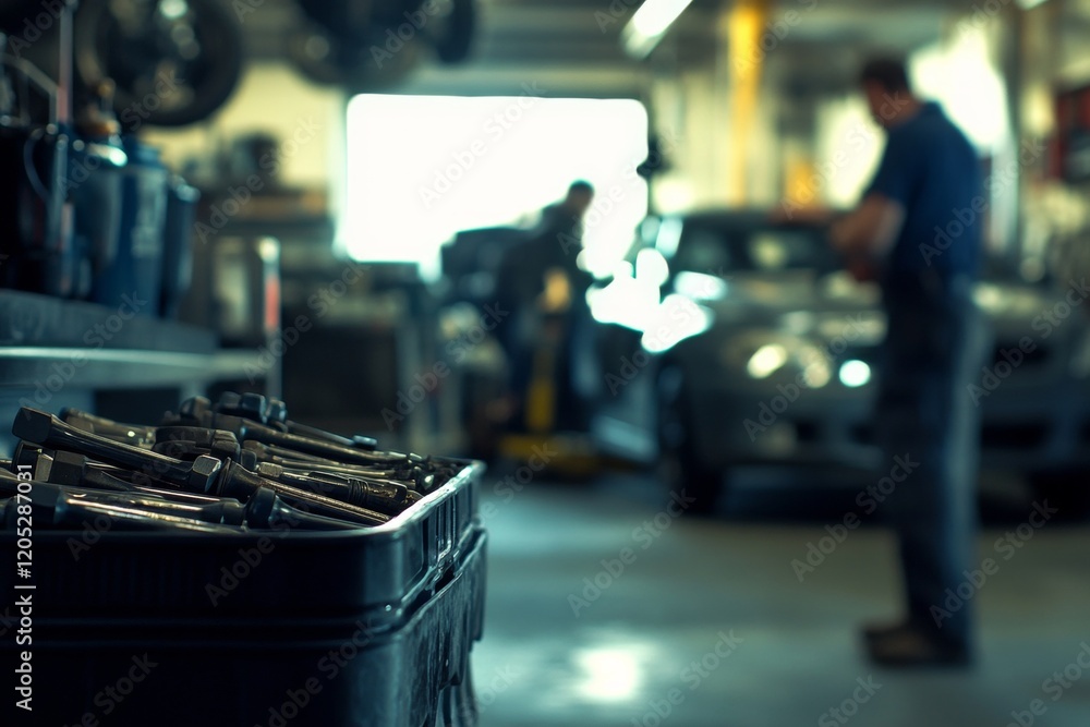 Poster close up of tools on counter with auto mechanic working underneath car in service shop