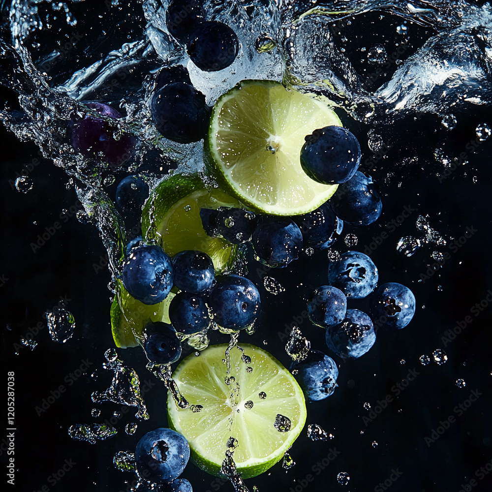 Poster fresh blueberries and lime slices splash in water creating a vibrant and refreshing mix