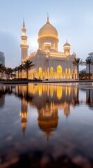 Fototapeta premium Breathtaking view of a magnificent mosque illuminated during Ramadan evenings in a vibrant cityscape