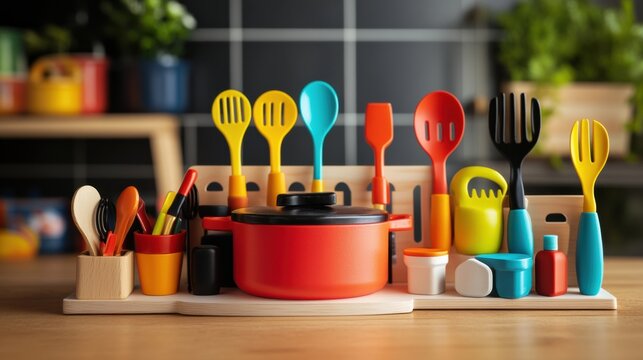 A pretend play cooking set with a tiny pot, vibrant kitchen utensils, and child-safe materials, displayed in a cute and compact setup