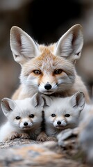 Obraz premium A mother fox and her two young foxes sitting on a rock