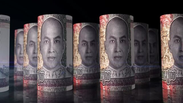Cambodia money Cambodian riel rolls loop 3d. Camera moving in front of 2000 KHR rolling banknotes. Seamless loopable concept of economy, finance, business and debt.