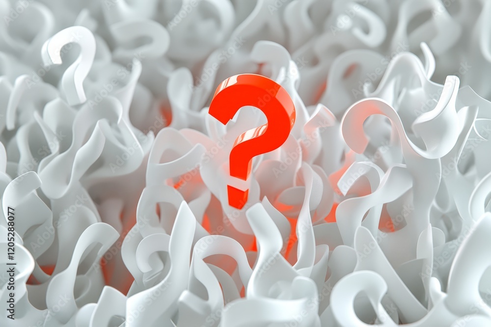 Poster dynamic composition of white 3d question marks surrounding a bold red centerpiece in abstract design
