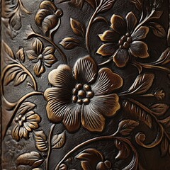 Embossed Leather Floral Design: Intricate Carving Craftsmanship on Dark Brown Background, Exquisite Botanical Patterns Showcase Artistry