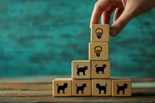 Innovative leadership  a conceptual illustration of teamwork and creativity with wooden blocks