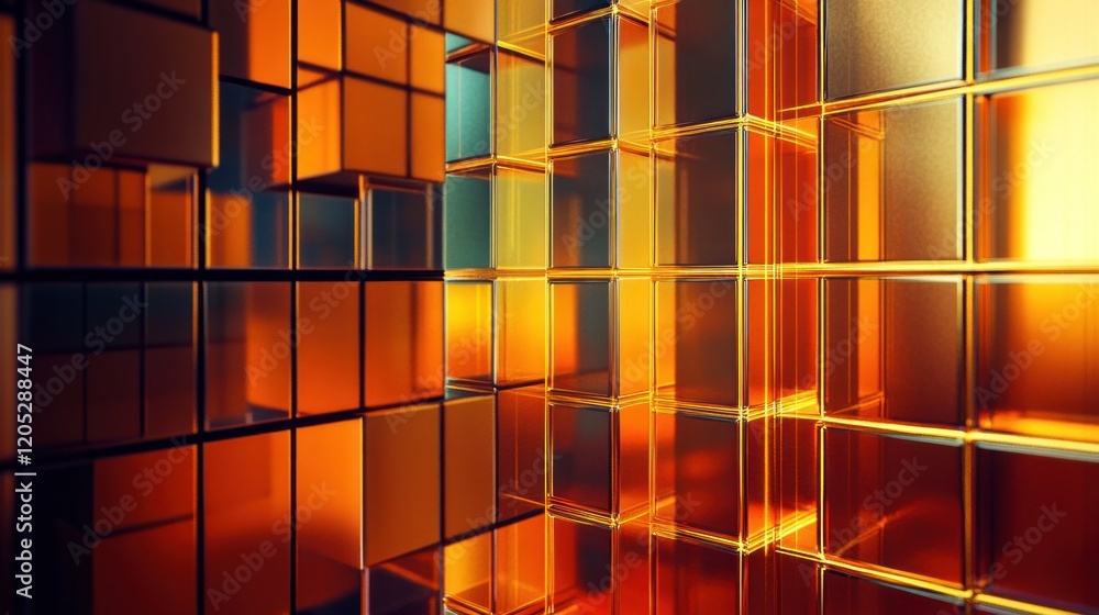 Poster abstract 3d render of golden cubes with reflective surfaces and glowing edges