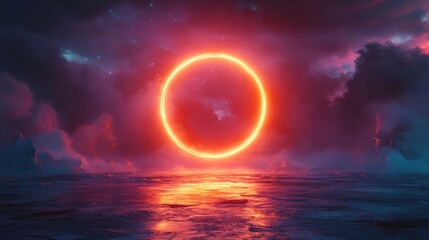 One glowing neon ring floating on a dark space-like canvas 