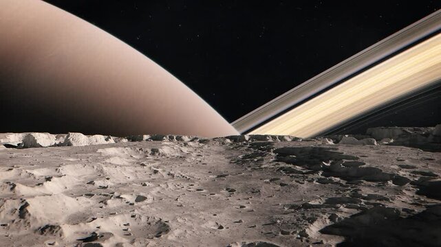 View of the Gas Giant Saturn From the Surface of an Orbiting Moon