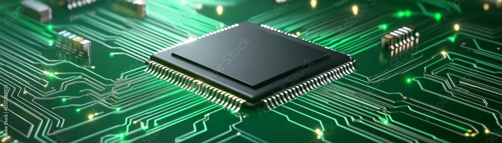 Poster detailed view of cpu chip on green circuit board closeup examination of computer hardware
