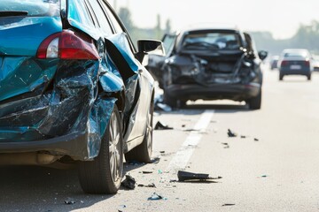 Collision between blue car and black family suv leaves both vehicles significantly damaged