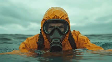 Scuba Diver in Wetsuit and Mask Exploring Stormy Oceanic Landscape