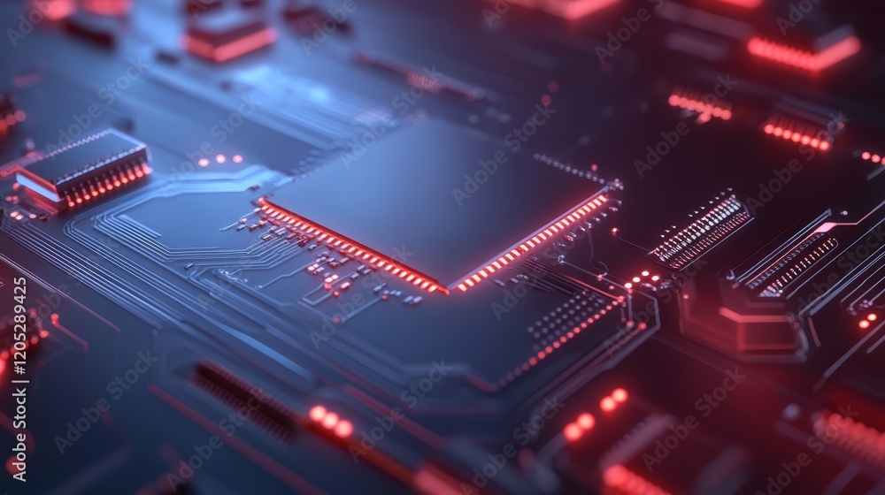 Poster intricate circuitry and components of computer motherboard in closeup view