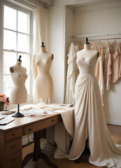  Seamstress's Workshop with Women's Mannequins and Various Fabrics